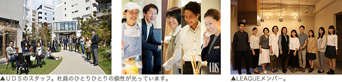 UDSのスタッフ。社員のひとりひとりの個性が光っています。LEAGUEメンバー。